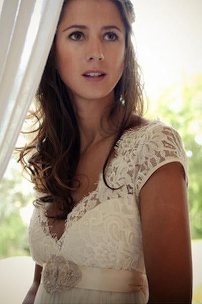A Line V-neck Cap Sleeves Sweep Train Backless Wedding Dresses With Sash