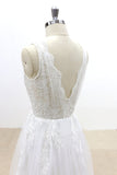 A Line V-Neck Lace Appliqued Tulle Wedding Dresses with V-Cut Back Beach Wedding Dresses N818