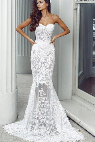 Mermaid Sweetheart Long Wedding Dresses with Lace Appliques Sexy Bridal Dresses with Beads N1312