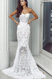 Mermaid Sweetheart Long Lace Wedding Dress Strapless Sweep Train Bridal Dress N523