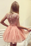 A Line Peach Cap Sleeves Short Chiffon Homecoming Dresses with Appliques N919