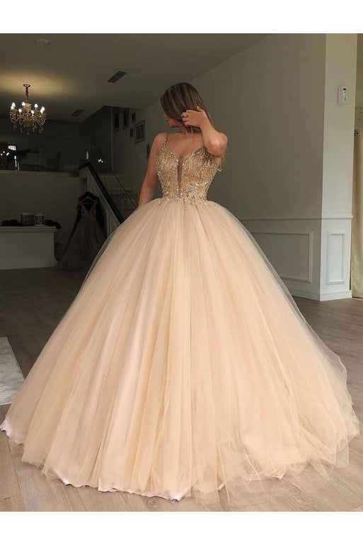 Sparkly Spaghetti Strap Beaded Tulle Ball Gown Prom Dresses