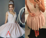 Pearl Pink V-Neck Ruched Satin Beaded Homecoming Dresses