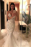 Spaghetti Straps Mermaid Appliqued V-Neck Tulle Wedding Dress