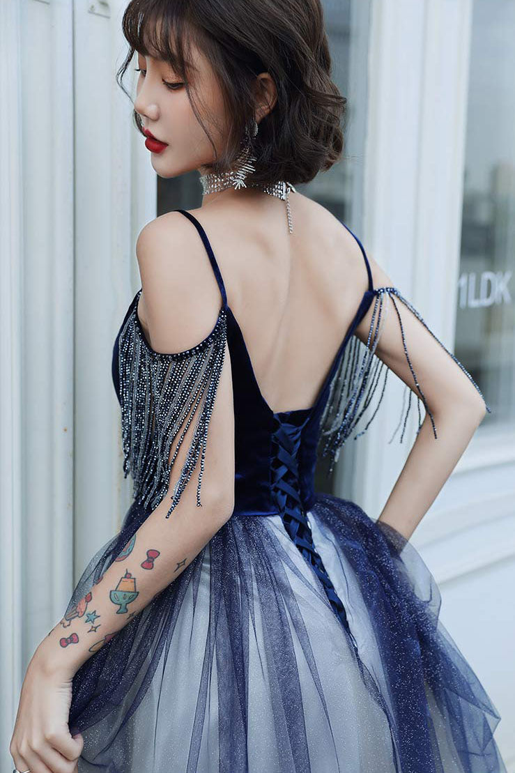 Blue Ombre Spaghetti Straps Long Prom Dress with Tassels Unique Evening Dress N2659