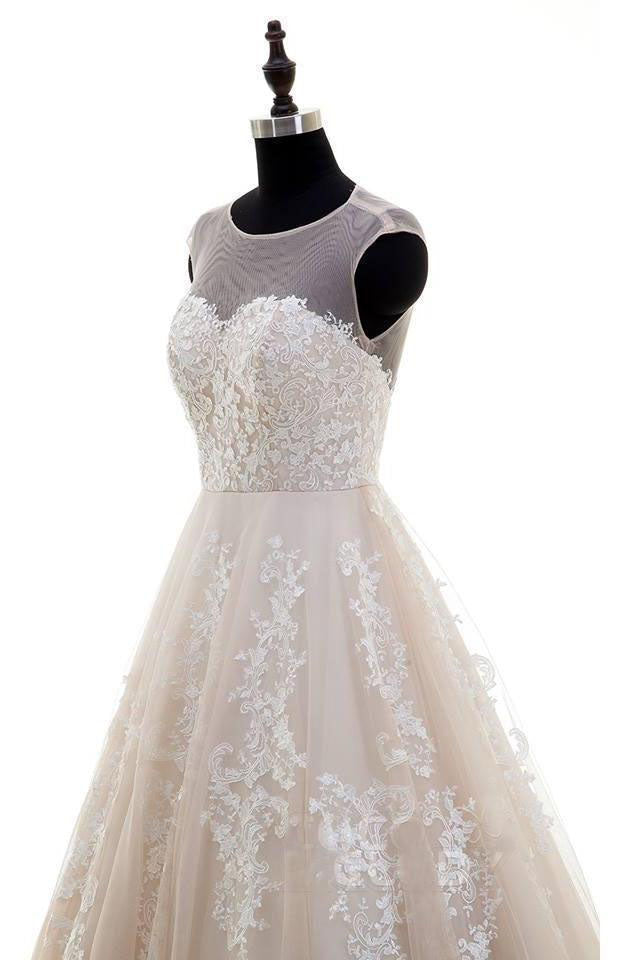 Puffy Lace Appliqued Tulle Long Beach Wedding Dresses, Open Back Bridal ...