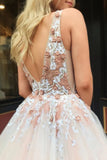 Light Pink V-Neck Sleeveless Tulle Prom Dresses with Flowers and Beads N2389