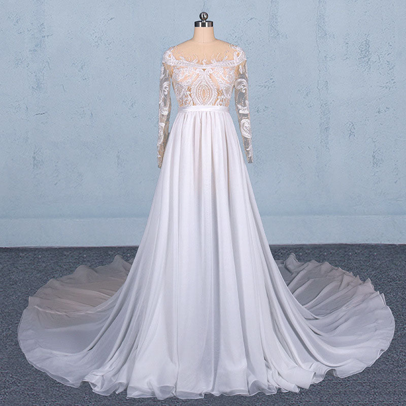 Gorgeous Long Sleeves Chiffon Wedding Dresses with Appliques N2354