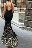 Black Mermaid Prom Dresses Spaghetti Strap Sleeveless Evening Dresses with Lace Flowers N1370