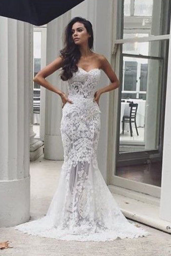 Mermaid Sweetheart Long Wedding Dresses with Lace Appliques Sexy Bridal Dresses with Beads N1312