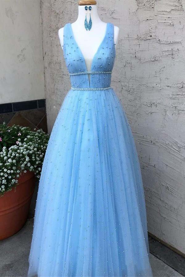Sky Blue V-Neck Floor Length Prom Dresses with Beading A Line Tulle Formal Dresses N1559