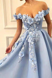 A Line Off the Shoulder Long Prom Dresses With Flower Appliques