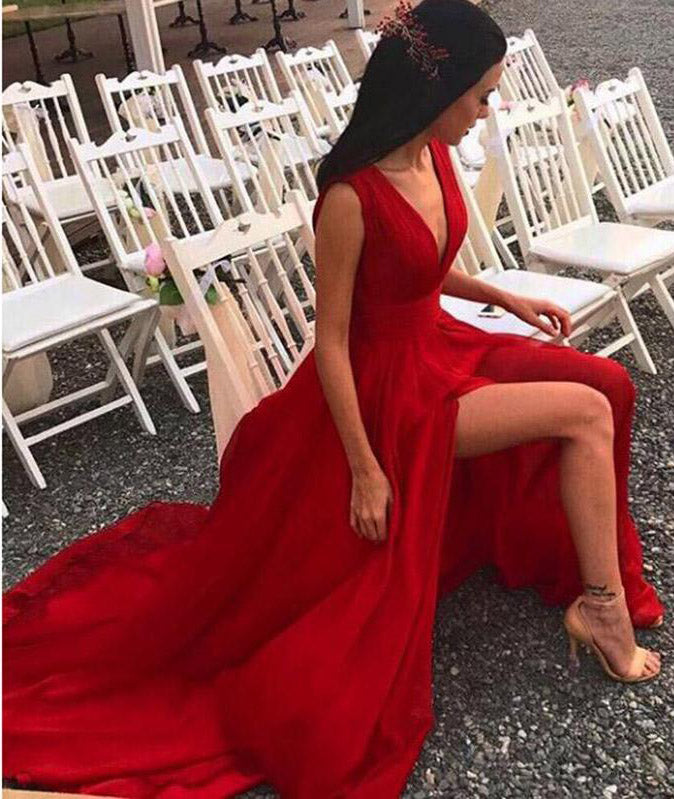 Sexy Side Slit Deep V Neck Prom Dress with Pleats Flowy Split Red Evening Dress N1298