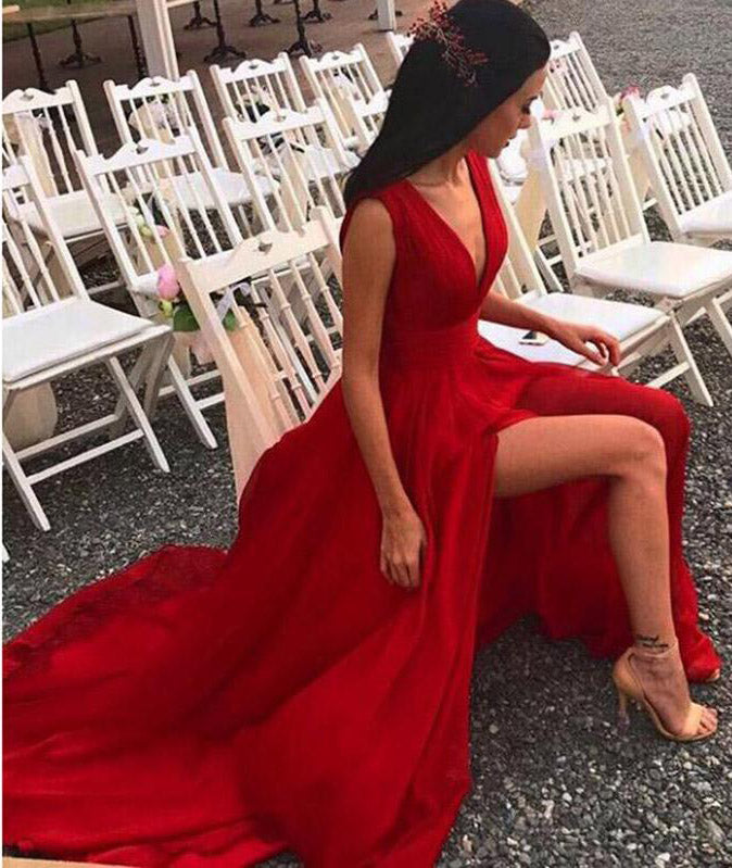Sexy Flowy Red Deep V-Neck Side Slit Chiffon Prom Dresses