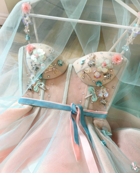 Princess Applique A Line Spaghetti Straps Tulle Charming Prom Dresses with Belt N1270
