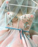 Princess Applique A Line Spaghetti Straps Tulle Charming Prom Dresses with Belt N1270