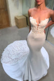 Strapless V-neck Mermaid Court Train Appliques Lace Wedding Dresses N1089