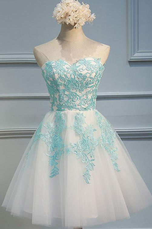 Ivory Sweetheart Homecoming Dress with Mint Appliques, Strapless Tulle Short Party Dress,N285