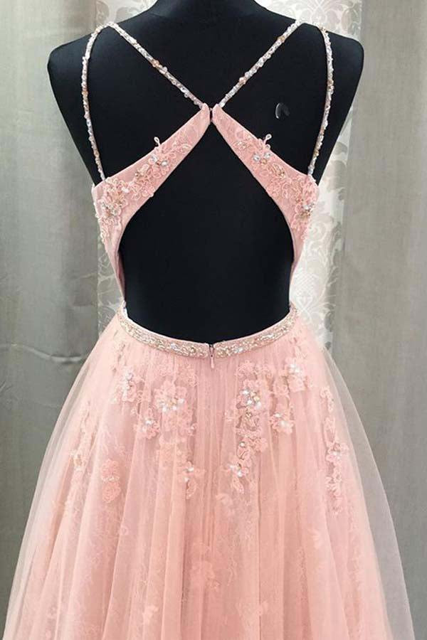 Blush V-neck Prom Dresses with Rhinestone Long Prom Dresses with Appliques N1538