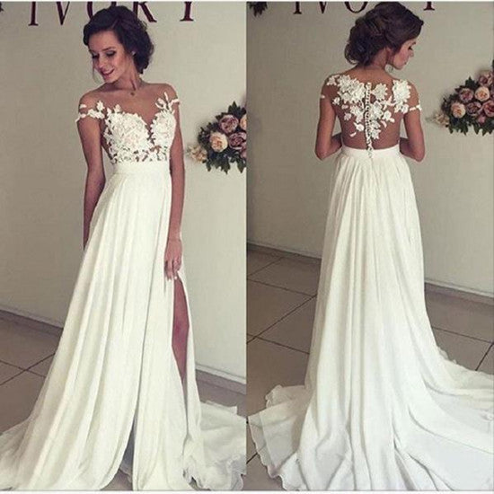 Ivory Chiffon Short Sleeves Lace Appliqued Long Beach Wedding Dresses