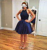 Royal Blue Beading Halter Short Backless Satin Homecoming Dresses