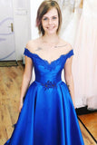 Royal Blue Off the Shoulder Satin Prom Dress with Lace Appliques N1608