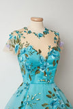 A Line Short Sleeves Floral Appliques Blue Homecoming Dresses