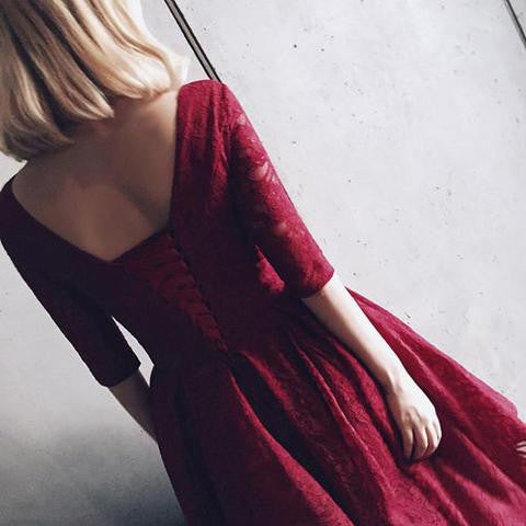 Burgundy Half Sleeve V-Neck Lace V-Neck Homecoming Dresses