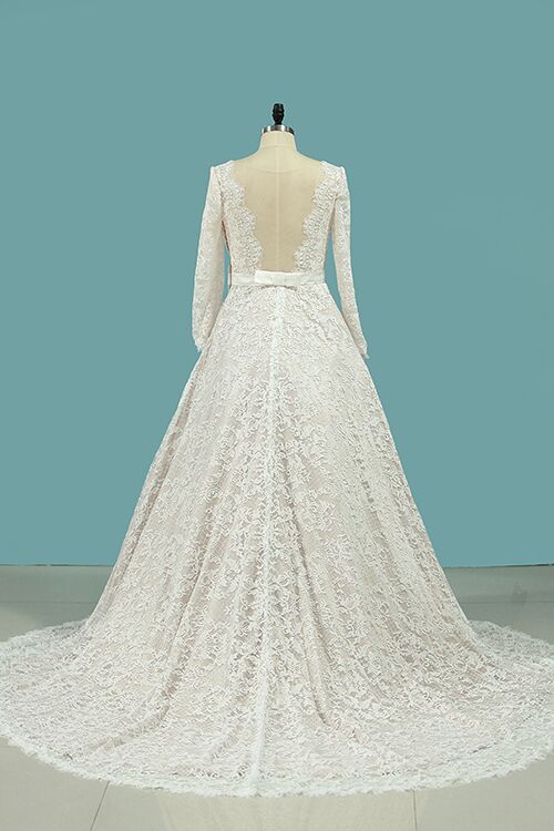 Vintage Long Sleeves Lace Wedding Dresses with Sash A Line Backless Bridal Dresses N939