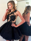 A Line Chiffon Black Backless Homecoming Dress with Appliques