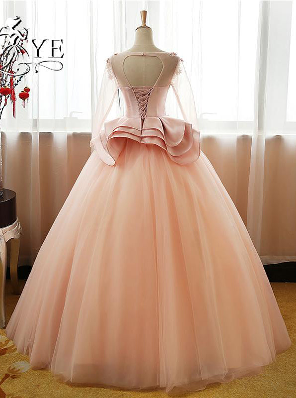 Ball Gown Long Sleeve Tulle Prom Dresses with Flowers Puffy Quinceanera Dresses N1042