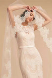 One Layer Tulle Bridal Veils with Lace Applique Edge Ivory Wedding Veils with Comb V035