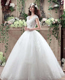 Ball Gown Cap Sleeve V Neck Open Back Lace Appliques Sequins Tulle Wedding Dresses N1231