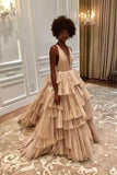 A Line Long V-Neck Tulle Formal Evening Dresses Prom Dresses With Ruffles
