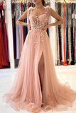 Sweetheart Tulle Pink Side Slit Evening Dresses With Flowers Long Prom Dresses
