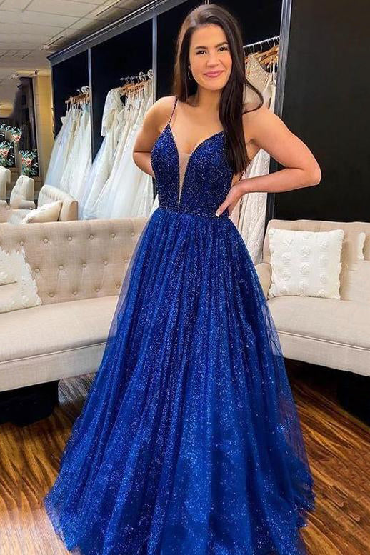 A Line Sparkly Royal Blue Deep V-Neck Long Prom Dresses