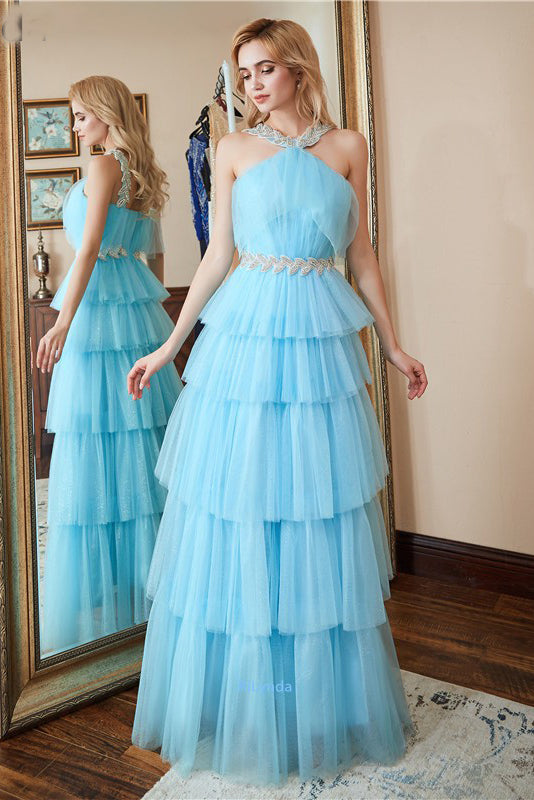 Unique Sleeveless Layers Floor Length Prom Dress, A Line New Style Formal Dresses N2648