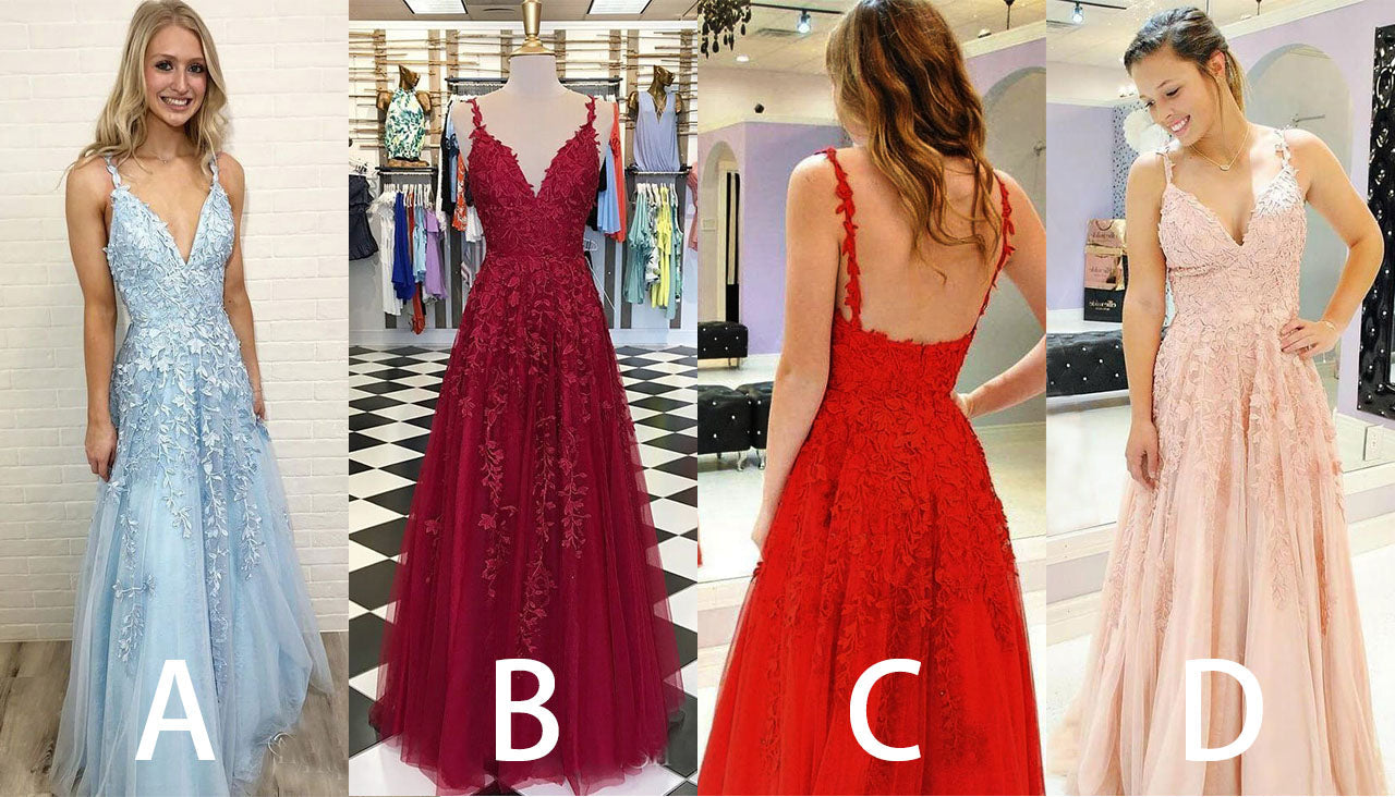 A Line Spaghetti Straps V-Neck Lace Appliques Tulle Prom Dresses