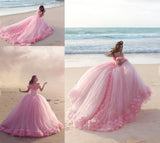 Pink Off the Shoulder Tulle Flower Wedding Dresses Ball Gowns Quinceanera Dresses N1261