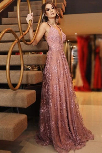 Sexy Long Lace Prom Dresses A Line Deep V Neck Sleeveless Formal Dresses N1622