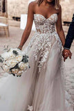 Boho Sweetheart Tulle Appliques Long Beach Wedding Dresses