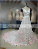 Gorgeous Spaghetti Straps V-Neck Court Train Prom Dresses with Pink Hand-made Flowers N428