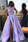 A-Line Cap Sleeves Satin Prom Dresses with Side Split N1455