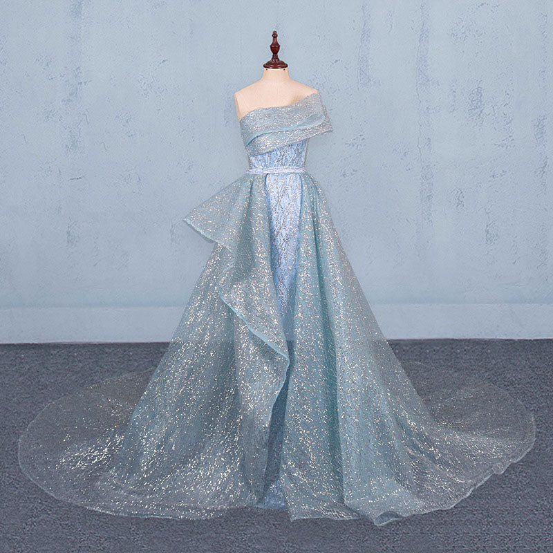Gorgeous Strapless Glitter A Line Evening Dresses with Detachable Train N2335