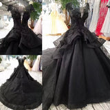 Gorgeous Cap Sleeves Beaded Black Ball Gown Wedding Dresses