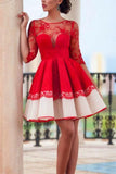 A Line Half Sleeve Red Lace Appliques See-through Back Short Homecoming Dresses