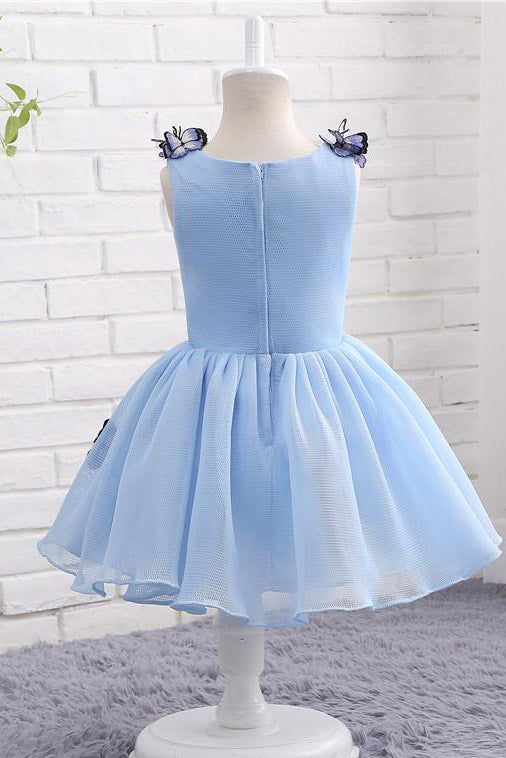 Light Blue Baby Girls Clothes Butterfly Appliques Puffy Flower Girl Dresses F057