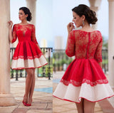 A Line Half Sleeve Red Lace Appliques See-through Back Short Homecoming Dresses