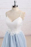 Spaghetti Strap Light Blue Tulle Prom Dress with Appliques N1427