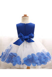 White and Blue Ball Gown Sleeveless Long Flower Girl Dresses with Blue Flowers Sash F065